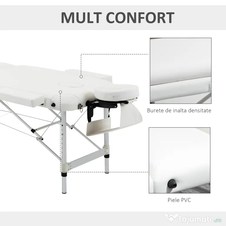 Masa de masaj portabila, pliabila si profesionala din aluminiu HOMCOM pentru cosmetician, terapeut, SPA, alb, 215x60x61-84cm | Aosom Romania