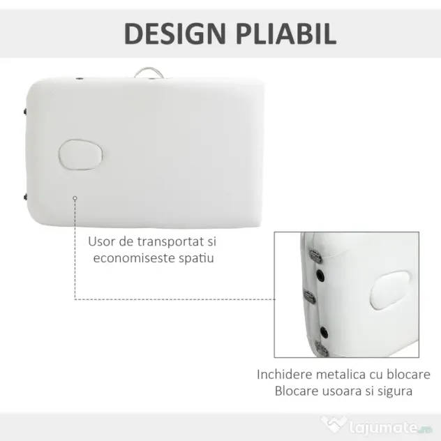Masa de masaj portabila, pliabila si profesionala din aluminiu HOMCOM pentru cosmetician, terapeut, SPA, alb, 215x60x61-84cm | Aosom Romania