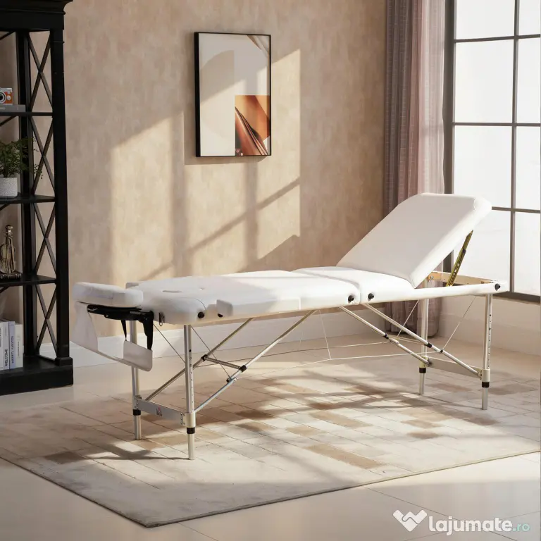 Masa de masaj portabila, pliabila si profesionala din aluminiu HOMCOM pentru cosmetician, terapeut, SPA, alb, 215x60x61-84cm | Aosom Romania