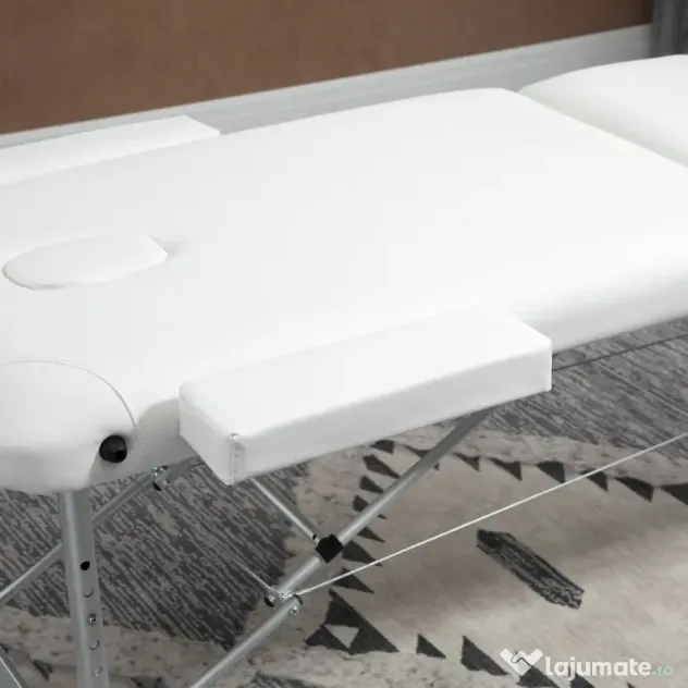 Masa de masaj portabila, pliabila si profesionala din aluminiu HOMCOM pentru cosmetician, terapeut, SPA, alb, 215x60x61-84cm | Aosom Romania