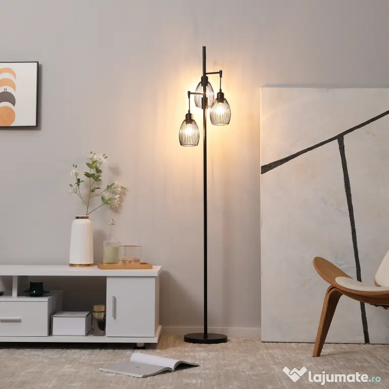 HOMCOM Lampadar Industrial cu 3 Abajururi și Intensitate Regulabilă, 30x30x170.5 cm, Negru | Aosom Romania