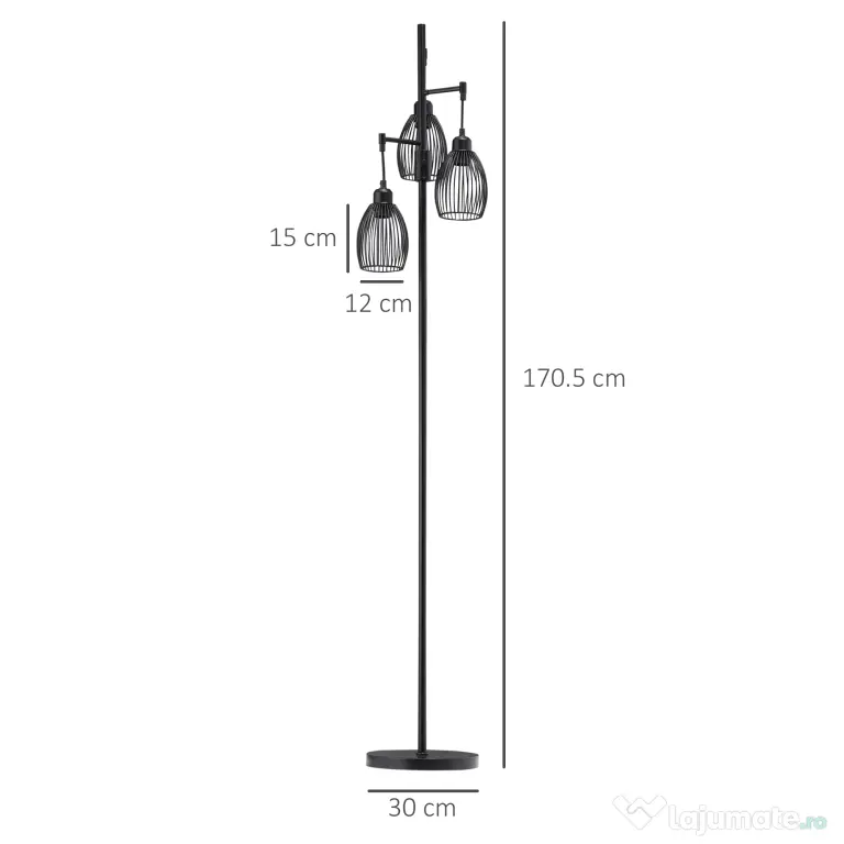 HOMCOM Lampadar Industrial cu 3 Abajururi și Intensitate Regulabilă, 30x30x170.5 cm, Negru | Aosom Romania