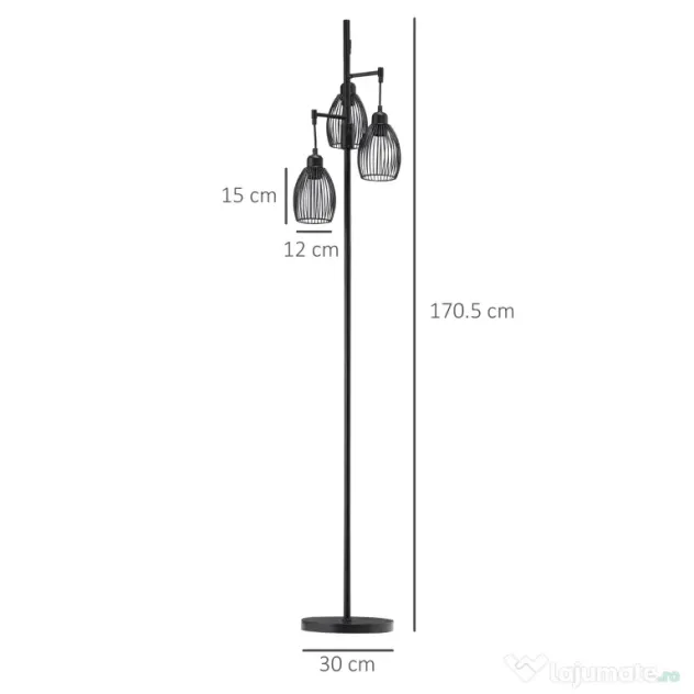 HOMCOM Lampadar Industrial cu 3 Abajururi și Intensitate Regulabilă, 30x30x170.5 cm, Negru | Aosom Romania