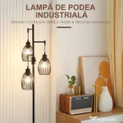 HOMCOM Lampadar Industrial cu 3 Abajururi și Intensitate Regulabilă, 30x30x170.5 cm, Negru | Aosom Romania 