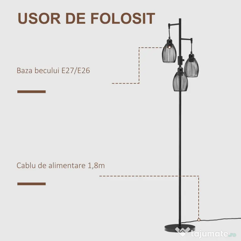 HOMCOM Lampadar Industrial cu 3 Abajururi și Intensitate Regulabilă, 30x30x170.5 cm, Negru | Aosom Romania