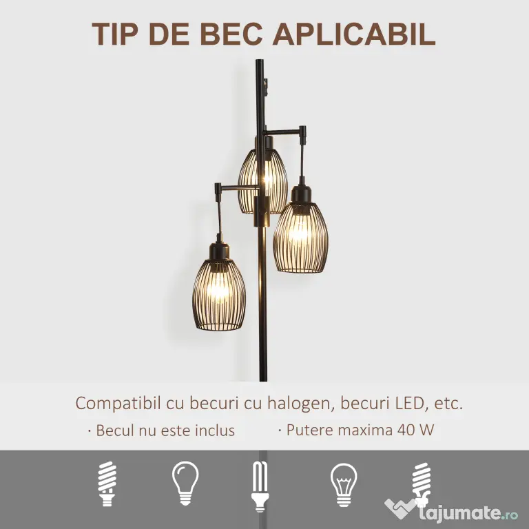 HOMCOM Lampadar Industrial cu 3 Abajururi și Intensitate Regulabilă, 30x30x170.5 cm, Negru | Aosom Romania