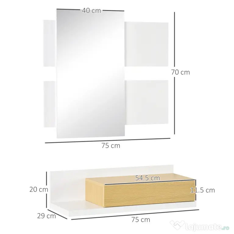 HOMCOM Set Mobilier pentru Hol cu Oglindă și Sertar, Design Modern din Lemn, Oglindă de Perete 40x70cm, Alb și Lemn Natural | Aosom Romania