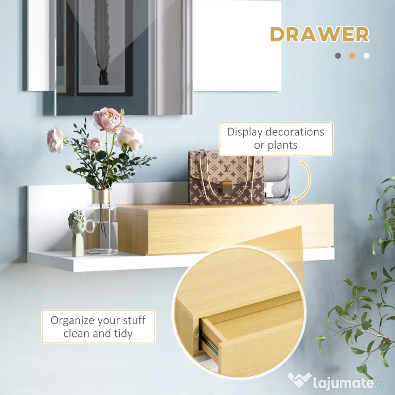 HOMCOM Set Mobilier pentru Hol cu Oglindă și Sertar, Design Modern din Lemn, Oglindă de Perete 40x70cm, Alb și Lemn Natural | Aosom Romania
