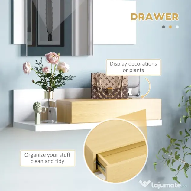 HOMCOM Set Mobilier pentru Hol cu Oglindă și Sertar, Design Modern din Lemn, Oglindă de Perete 40x70cm, Alb și Lemn Natural | Aosom Romania