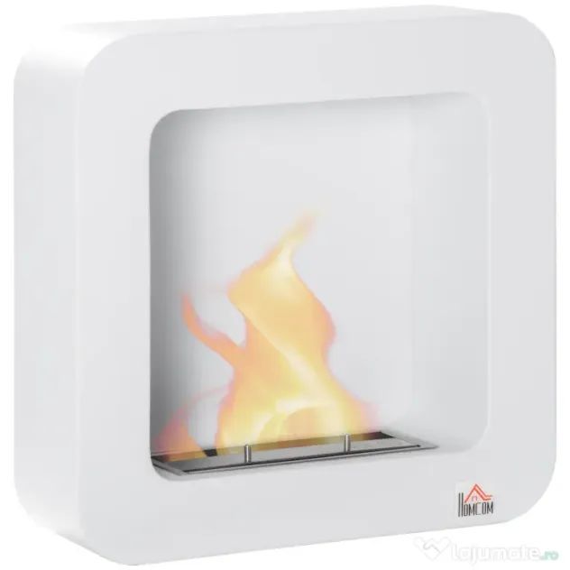 HOMCOM Semineu cu bioetanol montat pe perete , din metal, ardere de 2,5 ore, cu rezervor de 1 l si capac de 20 m², 48x18x48cm, alb