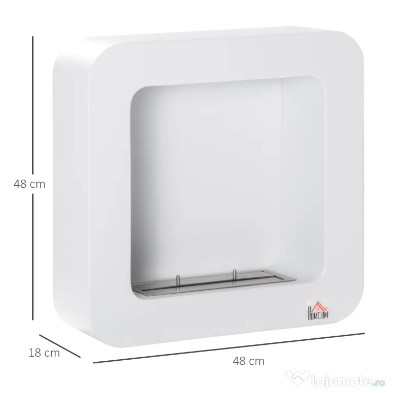HOMCOM Semineu cu bioetanol montat pe perete , din metal, ardere de 2,5 ore, cu rezervor de 1 l si capac de 20 m², 48x18x48cm, alb