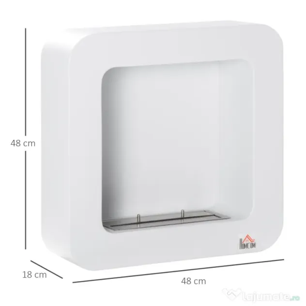 HOMCOM Semineu cu bioetanol montat pe perete , din metal, ardere de 2,5 ore, cu rezervor de 1 l si capac de 20 m², 48x18x48cm, alb