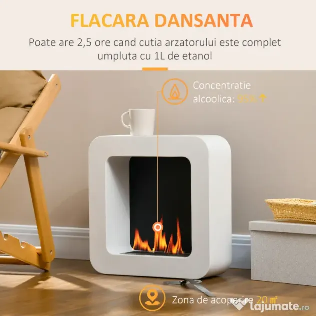 HOMCOM Semineu cu bioetanol montat pe perete , din metal, ardere de 2,5 ore, cu rezervor de 1 l si capac de 20 m², 48x18x48cm, alb