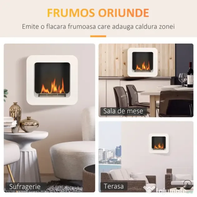 HOMCOM Semineu cu bioetanol montat pe perete , din metal, ardere de 2,5 ore, cu rezervor de 1 l si capac de 20 m², 48x18x48cm, alb
