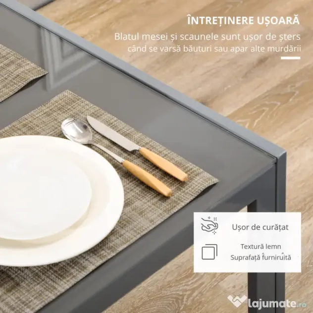 Set Masa Sufragerie cu 4 Scaune Moderne pentru Bucatarie sau Sufragerie, Gri HOMCOM | Aosom Romania