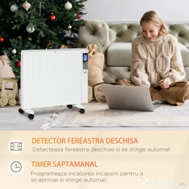 HOMCOM Incalzitor cu conventie, incalzire silentioasa, portabil sau montat pe perete cu detectarea deschiderii ferestrei, temporizator, telecomanda, oprire de siguranta