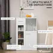 HOMCOM Bufet modern cu dulapuri si sertar, dulap de bucatarie cu economie de spatiu din lemn si sticla 60x40x95cm, alb 