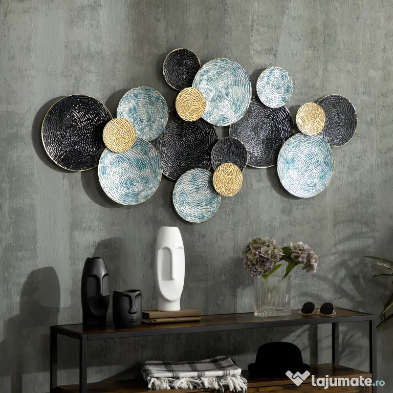 HOMCOM Decoratiune de perete 3D modern cerc agatat sculpturi de perete decor pentru sufragerie dormitor sufragerie, albastru negru auriu