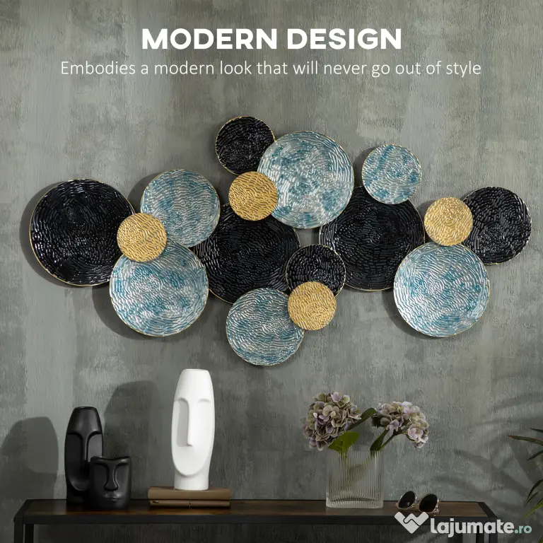 HOMCOM Decoratiune de perete 3D modern cerc agatat sculpturi de perete decor pentru sufragerie dormitor sufragerie, albastru negru auriu
