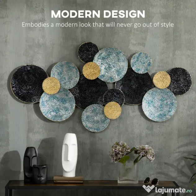 HOMCOM Decoratiune de perete 3D modern cerc agatat sculpturi de perete decor pentru sufragerie dormitor sufragerie, albastru negru auriu
