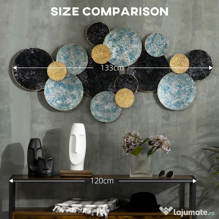 HOMCOM Decoratiune de perete 3D modern cerc agatat sculpturi de perete decor pentru sufragerie dormitor sufragerie, albastru negru auriu