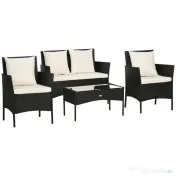 Outsunny Set de Gradina 4 Piese din Ratan cu 2 Scaune, Fotoliu de Gradina cu 2 Locuri si Masuta Joasa de Cafea, Negru si Crem