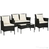 Outsunny Set de Gradina 4 Piese din Ratan cu 2 Scaune, Fotoliu de Gradina cu 2 Locuri si Masuta Joasa de Cafea, Negru si Crem