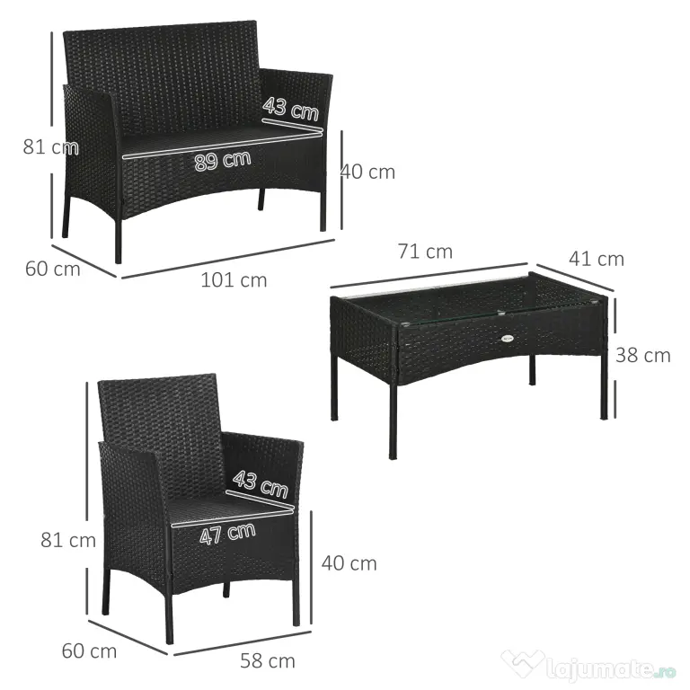 Outsunny Set de Gradina 4 Piese din Ratan cu 2 Scaune, Fotoliu de Gradina cu 2 Locuri si Masuta Joasa de Cafea, Negru si Crem