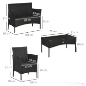 Outsunny Set de Gradina 4 Piese din Ratan cu 2 Scaune, Fotoliu de Gradina cu 2 Locuri si Masuta Joasa de Cafea, Negru si Crem