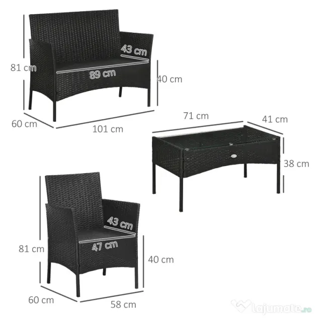 Outsunny Set de Gradina 4 Piese din Ratan cu 2 Scaune, Fotoliu de Gradina cu 2 Locuri si Masuta Joasa de Cafea, Negru si Crem