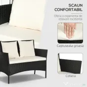 Outsunny Set de Gradina 4 Piese din Ratan cu 2 Scaune, Fotoliu de Gradina cu 2 Locuri si Masuta Joasa de Cafea, Negru si Crem