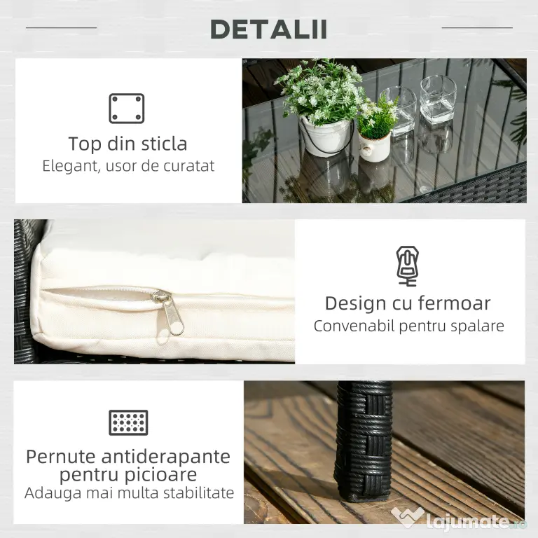 Outsunny Set de Gradina 4 Piese din Ratan cu 2 Scaune, Fotoliu de Gradina cu 2 Locuri si Masuta Joasa de Cafea, Negru si Crem