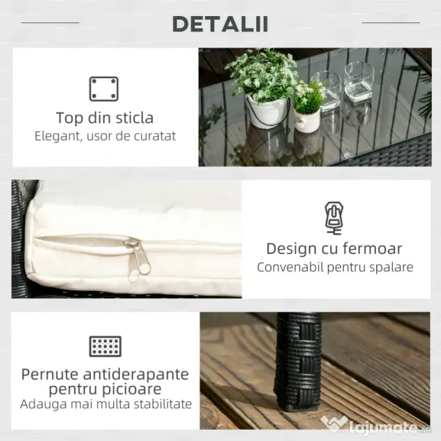Outsunny Set de Gradina 4 Piese din Ratan cu 2 Scaune, Fotoliu de Gradina cu 2 Locuri si Masuta Joasa de Cafea, Negru si Crem