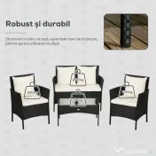 Outsunny Set de Gradina 4 Piese din Ratan cu 2 Scaune, Fotoliu de Gradina cu 2 Locuri si Masuta Joasa de Cafea, Negru si Crem