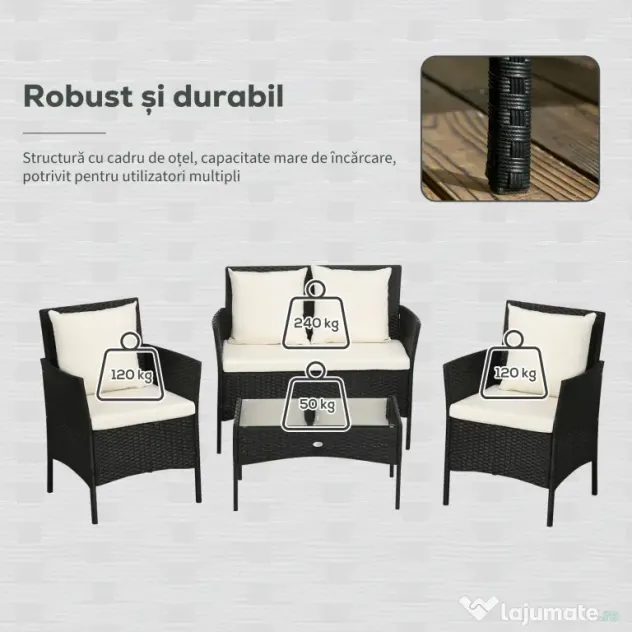 Outsunny Set de Gradina 4 Piese din Ratan cu 2 Scaune, Fotoliu de Gradina cu 2 Locuri si Masuta Joasa de Cafea, Negru si Crem