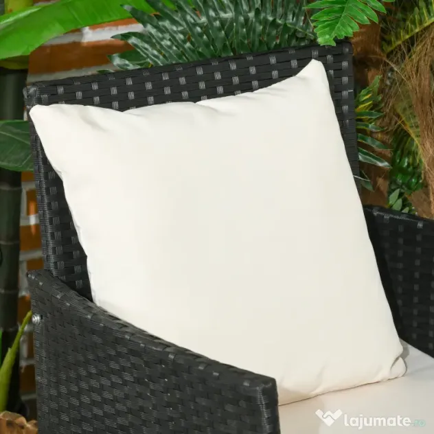 Outsunny Set de Gradina 4 Piese din Ratan cu 2 Scaune, Fotoliu de Gradina cu 2 Locuri si Masuta Joasa de Cafea, Negru si Crem