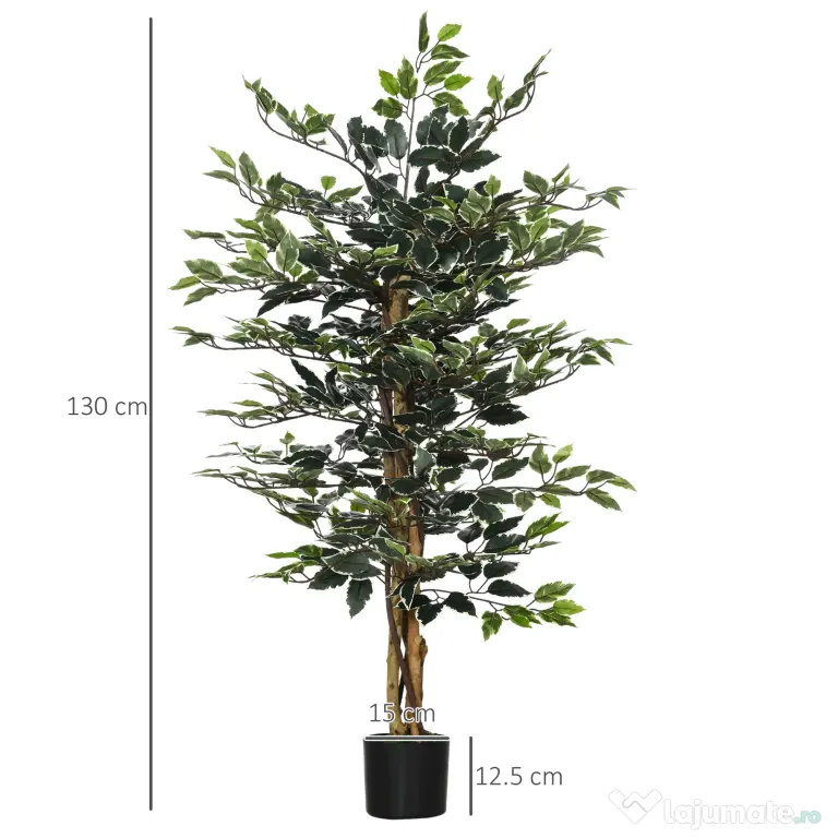 HOMCOM Ficus artificial in ghiveci cu 702 frunze multicolore, Plante artificiale pentru interior si exterior, pentru decorarea casei, biroului, camerei de zi, 130 cm