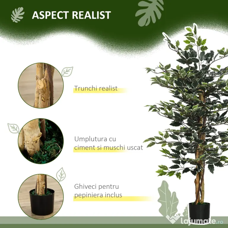 HOMCOM Ficus artificial in ghiveci cu 702 frunze multicolore, Plante artificiale pentru interior si exterior, pentru decorarea casei, biroului, camerei de zi, 130 cm