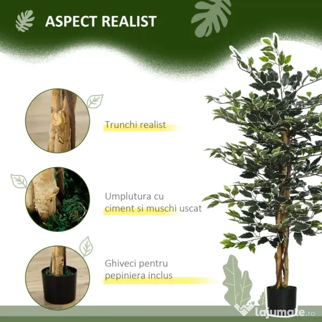 HOMCOM Ficus artificial in ghiveci cu 702 frunze multicolore, Plante artificiale pentru interior si exterior, pentru decorarea casei, biroului, camerei de zi, 130 cm