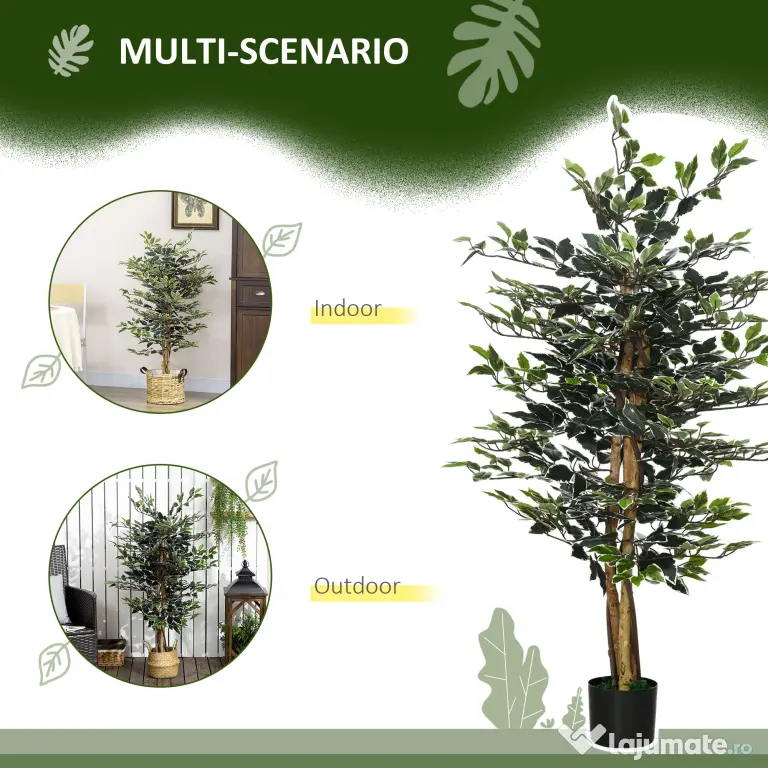 HOMCOM Ficus artificial in ghiveci cu 702 frunze multicolore, Plante artificiale pentru interior si exterior, pentru decorarea casei, biroului, camerei de zi, 130 cm