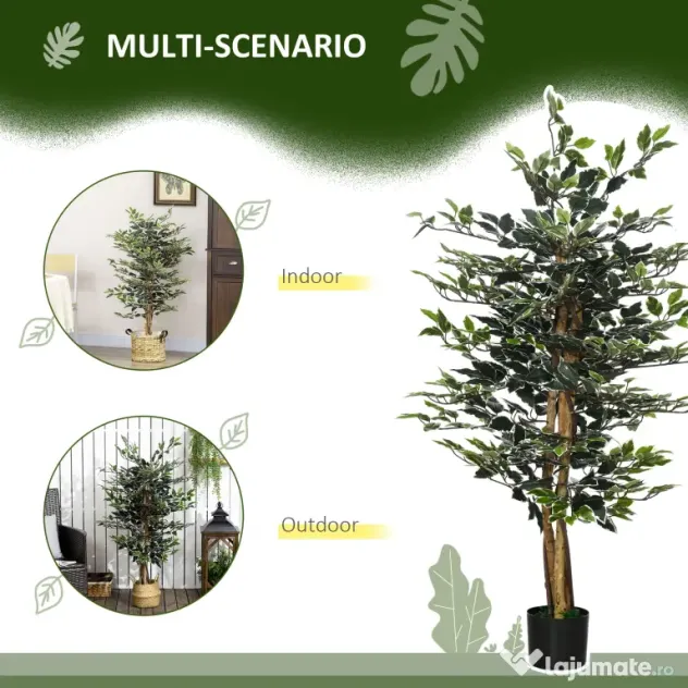 HOMCOM Ficus artificial in ghiveci cu 702 frunze multicolore, Plante artificiale pentru interior si exterior, pentru decorarea casei, biroului, camerei de zi, 130 cm