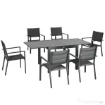 Outsunny Set Mobilier Grădină din Aluminiu, 7 Piese, Masă Extensibilă și 6 Scaune Ergonomice, Material Tip Plasă Rezistent la Intemperii, Gri