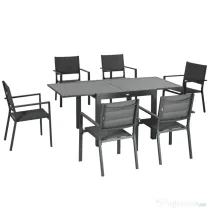 Outsunny Set Mobilier Grădină din Aluminiu, 7 Piese, Masă Extensibilă și 6 Scaune Ergonomice, Material Tip Plasă Rezistent la Intemperii, Gri