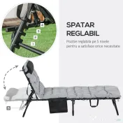 Outsunny Șezlong de Plajă Pliabil cu Spătar Reglabil, Pernă, Suport pentru Cap și Buzunar, 58x189x32.5 cm, Gri Deschis | Aosom Romania 