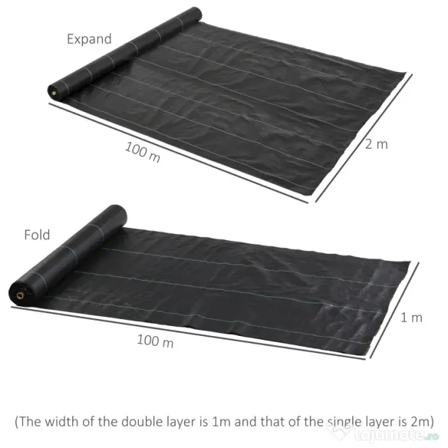 Outsunny Folie pentru Mulcire 60g/m², Respirabilă și Anti-UV din Polipropilena, 100x2 m, Negru