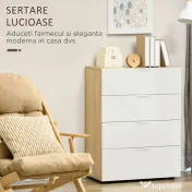 Comodă HOMCOM cu Sertare Lucioase | 4 Sertare pentru Depozitare | Ideală pentru Dormitor sau Sufragerie | Alb și Natural | Aosom Romania 