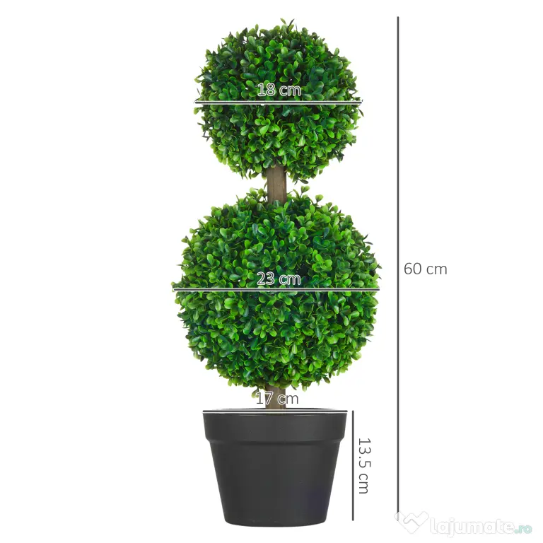 HOMCOM Arbore Buxus Artificial Sferic în Ghiveci 60 cm, Verde, Decorativ pentru Interior/Exterior, Rezistent la UV | Aosom Romania
