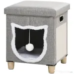 PawHut Căsuță pentru Pisici cu Covoraș pentru Zgâriat, Pernă și Minge, din Lemn și Poliester, 35.5x35.5x42.5 cm, Crem și Gri