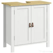kleankin Mobilier sub-lavabo 2 usi raft reglabil 2 etaje interioare manere din PU 60 x 30 x 60 cm alb | Aosom Romania