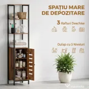 kleankin Dulap Baie Înalt și Îngust, Dulăpior Economisitor cu Uși Tip Jaluzea, 3 Rafturi Deschise, Maro Rustic | Aosom Romania